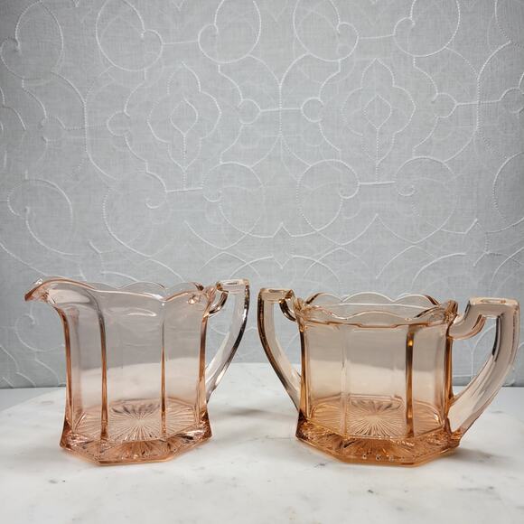 Greensburg‎ Pink Depression Glass Creamer Double Handled Octagon Sugar Bowl - Picture 1 of 16